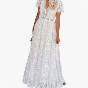 Women's V Neck Floral Lace Wedding Dress Short Sleeve Maxi Dress-Medium